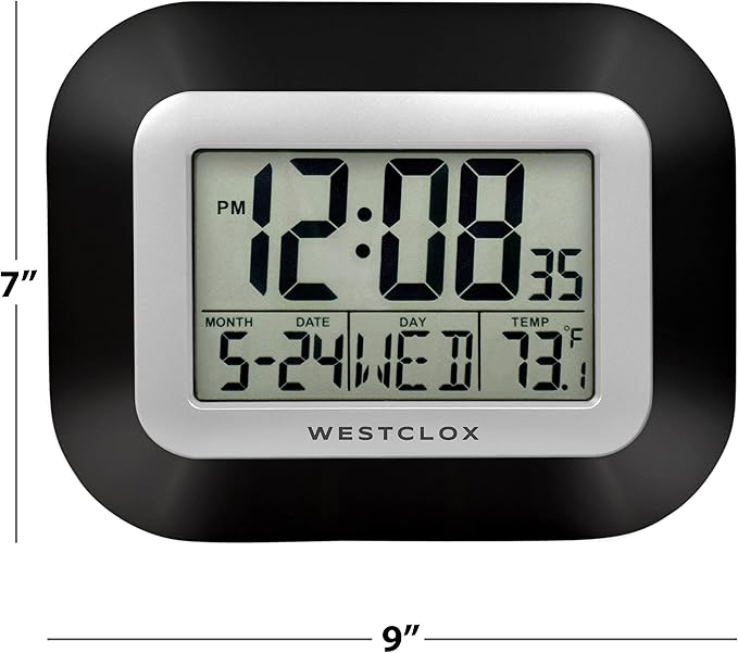 Westclox Large Digital Wall Clock Battery Operated with Temperature Date and Day of Week with Alarm | Modern Digital Desk Clock for Office Kitchen Bedroom or Living Room | Black