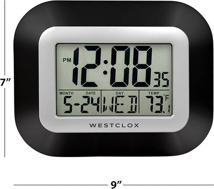 Westclox Large Digital Wall Clock Battery Operated with Temperature Date and Day of Week with Alarm | Modern Digital Desk Clock for Office Kitchen Bedroom or Living Room | Black