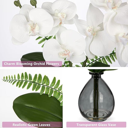 Oairse White Orchids Artificial Flowers, Faux Orchid in Glass Vase Real Touch Small Phalaenopsis Orchid Flowers Arrangements with Black Vase Orchids Centerpiece for Dining Room Table