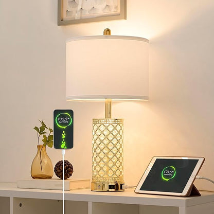 Crystal Table Lamps Modern 3-Way Dimmable Bedside Lamp with 2 USB Ports & AC Outlets for Living Room Bedroom Nightstand Lamp Night Light (Gold- 1 Pack 24In)