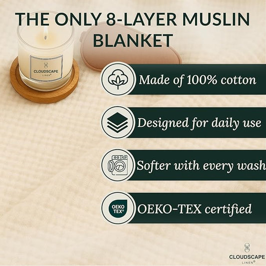 Cloud Scape Linen Extra Large 8 Layer Muslin Throw Blanket - 100% Cotton Gauze, Soft and Breathable, Winter Blanket for Couch, Sofa and Bed, Idea, 50x70, Ivory