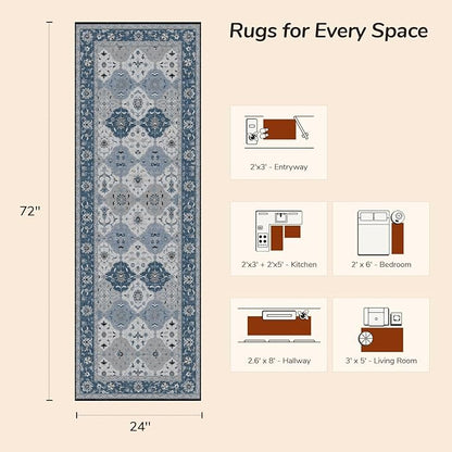 Lessymo Washable Hallway Runner Rug 2x6, Moroccan Faux Wool Runner Rugs Non Slip for Kitchen Entryway Laundry Room Bedroom, Low Pile Multicolor Oriental Rug, Kid & Pet Friendly, Muted Blue and Gray