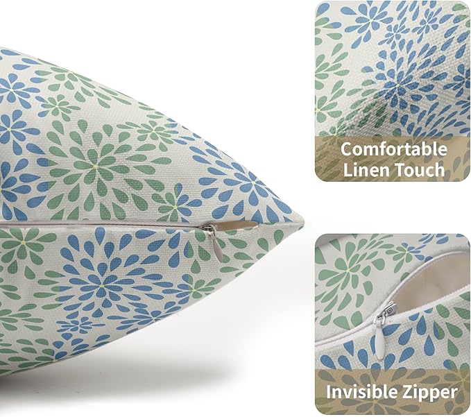 Blue Green Lumbar Pillow Covers 12x20 Set of 2 Modern Geometry Dahlia Floral Print Outdoor Decorative Linen Zipper Throw Pillows Cases Cushion Cover Rustic Decoration Farmhouse Sofa Couch Bed Decor