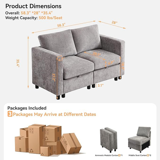 58”Modular Sectional Loveseat Sofa, Modern Love Seat 2 Seater Sofa Couch with Storage, Chenille Modular Sectional Couch for Living Room, Bedroom, Office, Small Apartment, Light Grey