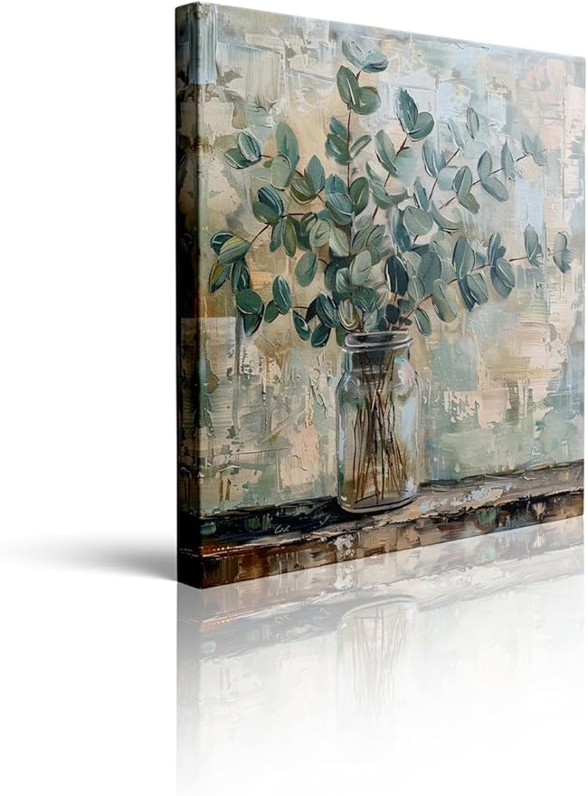 Eucalyptus Botanical Vase Wall Art Canvas Print Abstract Farmhouse Painting Rustic Modern Home Wall Decor for Living Room Bedroom Office Soft Green Leaves Still Life Artwork Canvas 14x14 Inches