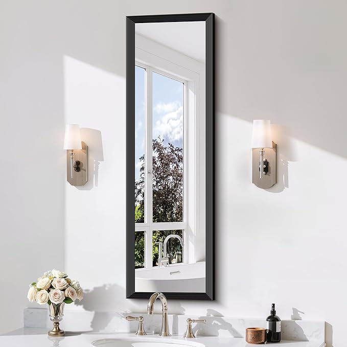 Black Bathroom Mirror 14 x 48 Inch Rectangle Wave Beveled Frame for Wall Bathroom Vanity Mirror for Over Sink, Tempered Glass,for Entryway Hangs, Bathroom Living Room Horizontal or Vertical