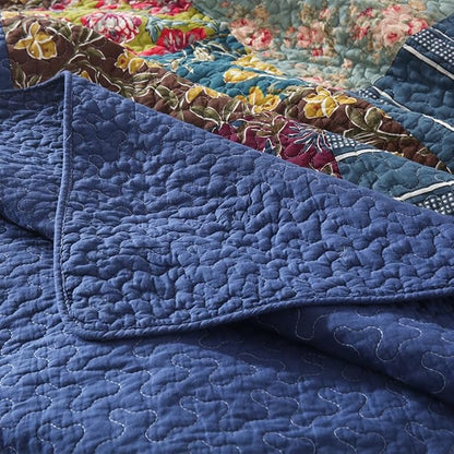 Cotton Bedspread Quilt Sets Reversible Bedding Coverlet Sets 3 Pieces Patchwork Blue Vintage Floral Paisley Bedspread, Queen Size