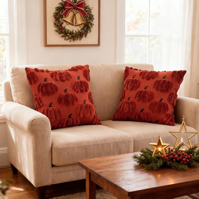 Fall Pumpkin Throw Decorative Pillow Covers 16x16 Set of 2 Pillow Covers, Faux Fur Square Pillow Cover Fluffy Plush Accent Throw Pillow Case, Throw Pillow Cover Cushion Cover for Autumn, Rust Red