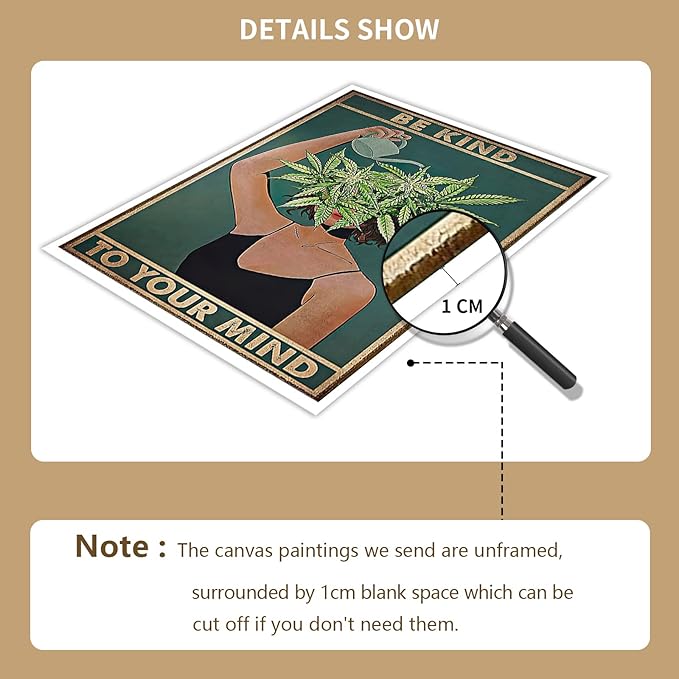 Vintage Be Kind To Your Mind Poster Mental Health Quote Canvas Wall Art Posters Cool Unique Green Plant Girl Print Painting Retro Home Wall Decor Pictures for Women Bedroom 16x24in Unframed