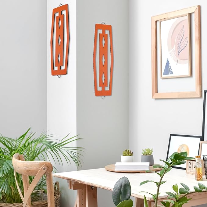 CroBlissful 2 Pcs Modern Mid Century Wall Art Wood Mid Century Elegance Decor Accents Abstract Wall Sculpture Geometric Panels for Interior Panel Art for Home Living Room(Orange)