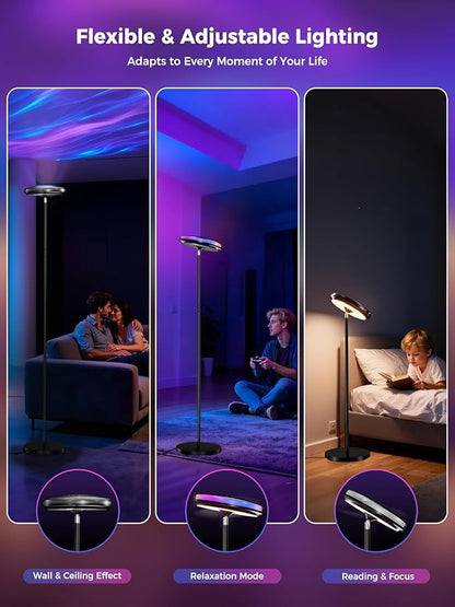 Smart Floor Lamp for Living Room, RGB+WW Ripple Projector, LED Corner Floor Light, Dimmable Tall Standing Lamp with App Control, Color Changing Mood Light & Eye-Care Reading Lamp for Bedroom