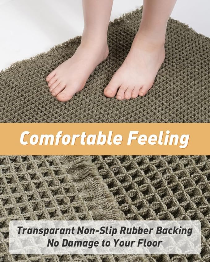 AMOAMI Upgraded Waffle Bath Mat, Super Absorbent Non Slip Bath Mats for Bathroom Floor, Machine Washable Bathroom Rugs with Tassels, Rubber Backed Bathroom Mats, Ultra Soft, 20" x 32", Green