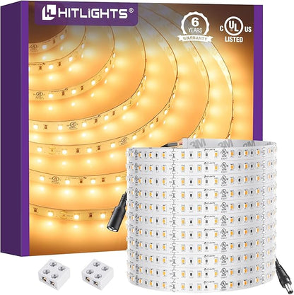 HitLights 24V LED Strip Lights Warm White 2700K, 26.2ft Cuttable Tape Backed 3oz PCB, UL Listed, 1325 Lumen/m, CRI>95, IP20, Lighting for Bedroom, Kitchen, Under Cabinets (Power Source Not Included)