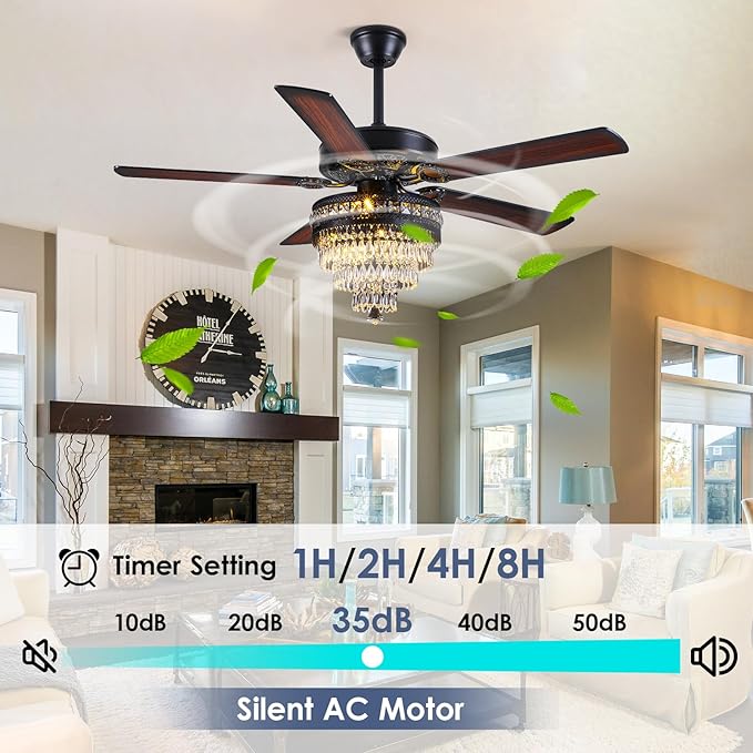 Asyko Crystal Ceiling Fan Fandelier with Lights - Modern Outdoor Fans with Remote Control，Noiseless AC Motor, Retro/Farmhouse Lighting, Dining Room， Living Room (52"