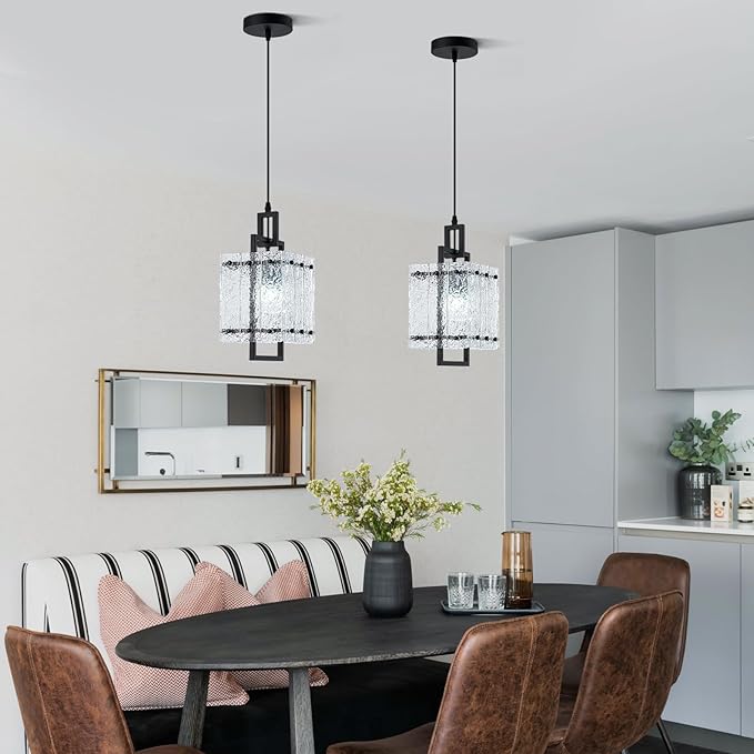 Black Glass Pendant Lights Kitchen Island, Modern Pendant Light Fixtures with Water Ripple Glass Square Pendant Lighting for Dining Room Kitchen Island