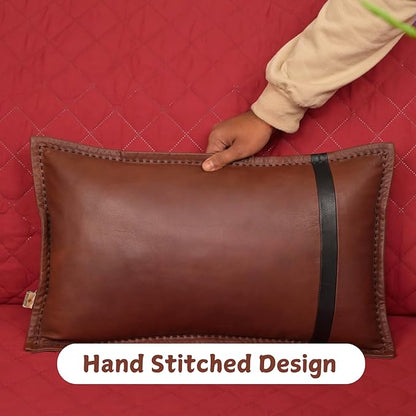 Genuine Lambskin Leather Pillow Cover, 18x26 Inch Case for Lumbar Throw Couch Pillows, Thick & Soft Cushion Covers for Sofa Bed Home Decor (Dark Brown & Black Box Pack of 1)