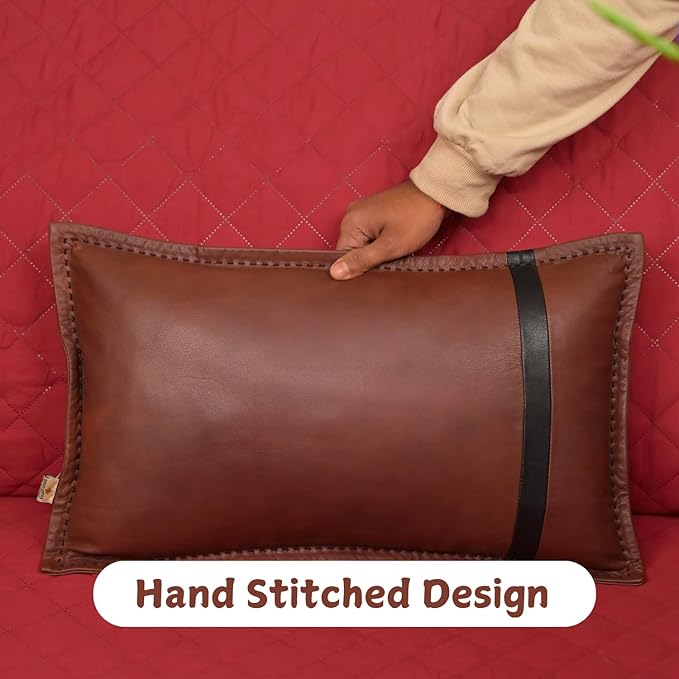 Genuine Lambskin Leather Pillow Cover, 22x30 Inch Case for Lumbar Throw Couch Pillows, Thick & Soft Cushion Covers for Sofa Bed Home Decor (Dark Brown & Black Box Pack of 2)