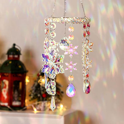 Suncalla 3 Pcs Winter Snowflake Suncatchers Winter Crystal Sun Catchers Snow Flake Hanging Suncatcher Wind Chime with Chain Rainbow Indoor Outdoor Window Christmas Decor