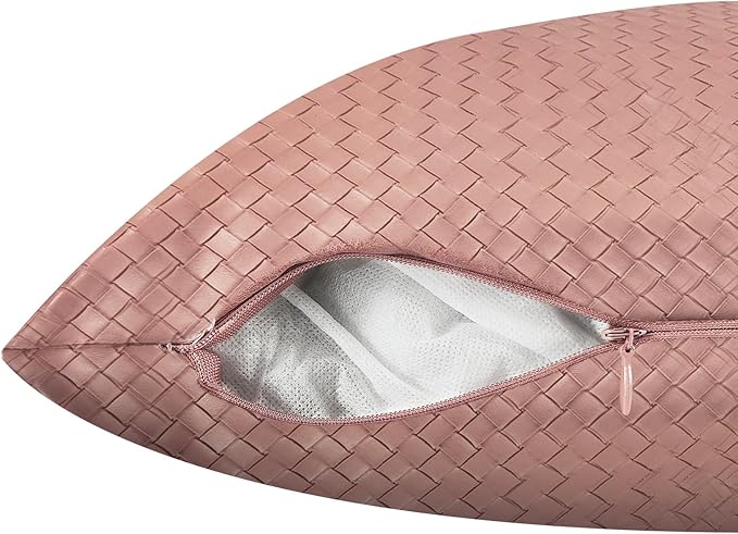 Faux Leather Throw Pillow Cover 18X18 Inch Set of 2 Woven Pink Outdoor Modern Farmhouse Solid Decorative Pillow Covers for Room Couch Living Bedroom Bed Sofa