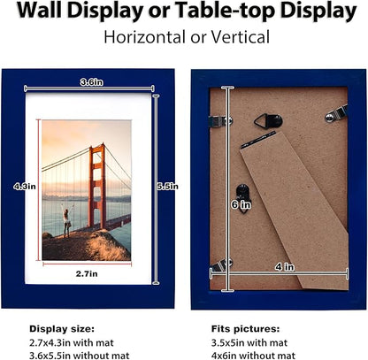 KINLINK 4x6 Frame Navy, Solid Wood 4 x 6 Picture Frame with Acrylic Plexiglass for 3.5x5 with Mat, Tabletop and Wall Display Photo Frames 4x6 Navy Blue, 4 Pack