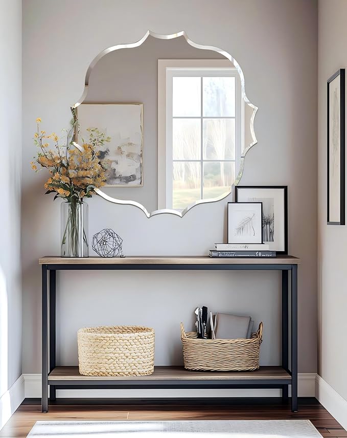 Frameless Scalloped Wall Mirror: Decorative Scallop Round Mirrored Glass Vanity with Beveled Silver Edge for Bathroom Bedroom Livingroom Dining Room Entryway Hallway, 32 x 32 inch