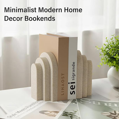Heavy Duty Bookends for Shelves, 6.6 LBS Heavy Book Ends for Heavy Books, Decorative Modern Bookends with Faux Sandstone Look, Layered Arch Book Stopper for Bookshelf Holder Set of 2, Beige