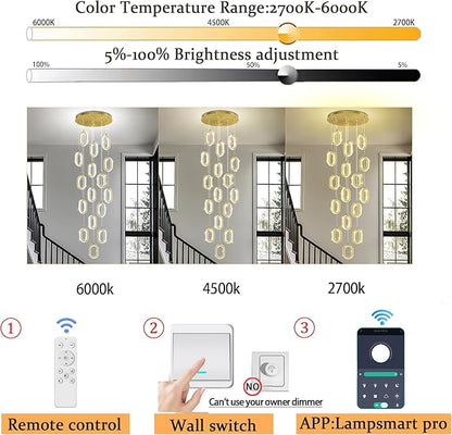 Modern Gold Ring Chandelier for High Ceiling Long Stair Chandeliers for Foyer LED Crystal Ring Drop Chandelier Dimmable 2700K-6000K 16-Light