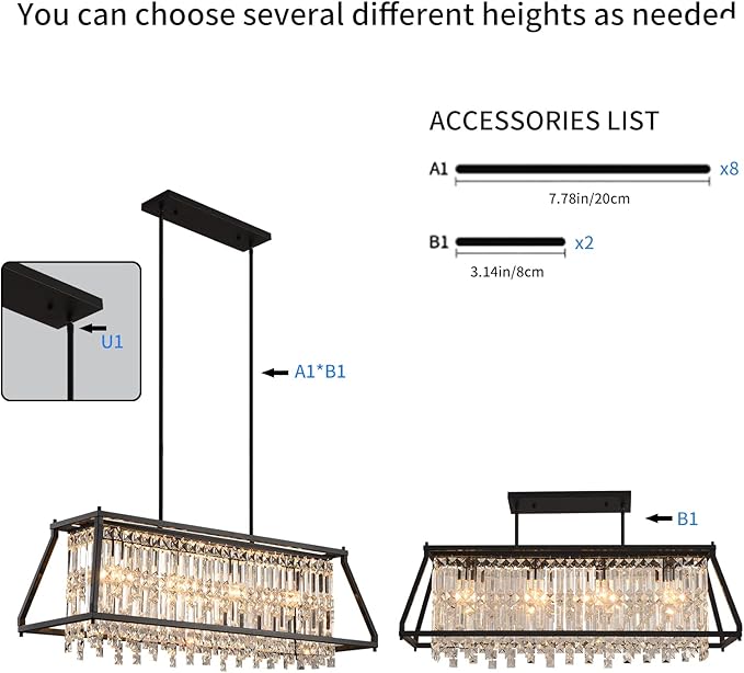 LMQNINE Chandeliers for Dining Room, 4-Light Trapezoidal Industrial Dining Room Light Fixture Farmhouse Chandelier Crystal Pendant Lights Kitchen Island Living Room (Black 35.43 inch)