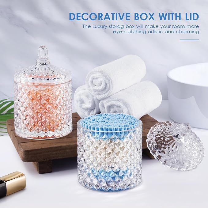 2 Pack Qtip Holder Cotton Round Ball Holder Set, Apothecary Jars Glass Bathroom Storage jars with Lids for Bathroom Decor, Qtip Dispenser for Cotton Swab,Cutip