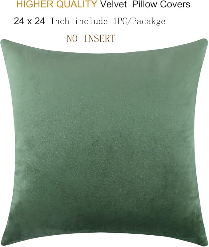 mixeoo Sage Green Velvet Throw Pillow Covers 24x24 Inch Set of 1, Super Soft Thick Decorative Square Cushion Cases for Living Room Sofa Couch Decor