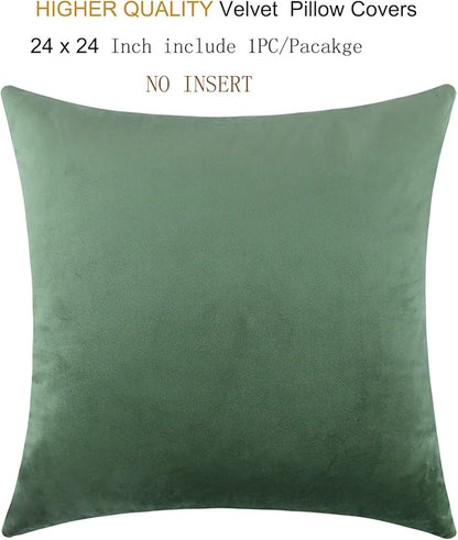 mixeoo Sage Green Velvet Throw Pillow Covers 24x24 Inch Set of 1, Super Soft Thick Decorative Square Cushion Cases for Living Room Sofa Couch Decor