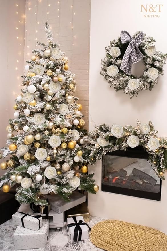 N&T NIETING Artificial Flowers Glowing White Flowers Foam 50pcs Glitter Roses Real Looking Fake Roses with Stem for DIY Wedding Bouquets Centerpieces Bridal Shower Party Home Decorations