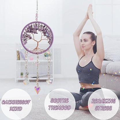 Tree of Life Crystal Suncatchers for Window Hanging Wind Chime Style Garden Sun Catchers with Natural Purple Stone Crystals Rainbow Maker Indoor Outdoor Decor Handmade Gold Plated Suncatcher