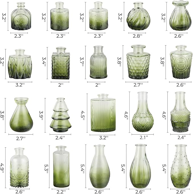 BEAHOT 32 Pack Bud Vase in Bulk,Mini Green Vintage Glass Flower Vases for Centerpieces,Wedding Decor,Party & Home Decaration,Mother's Day (Green-Gradient)