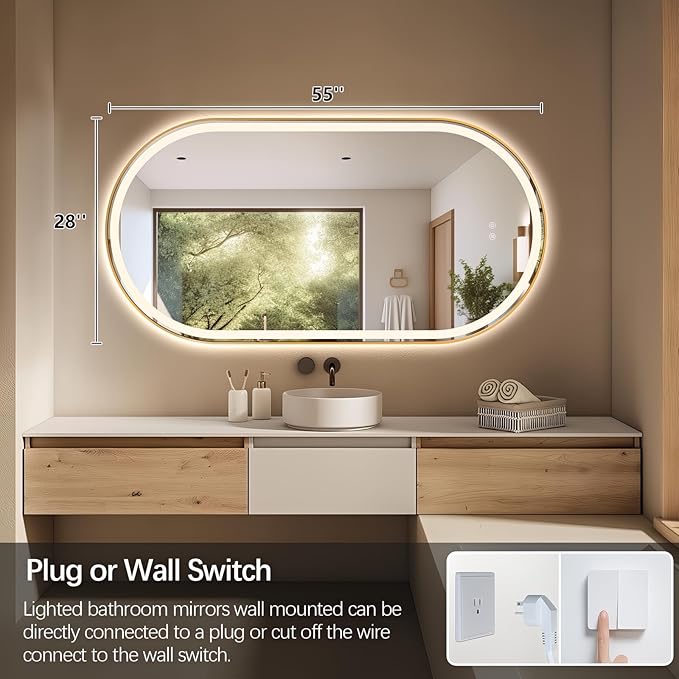 Niccy Oval LED Mirror for Bathroom, 55x28 Front Lit + Backlit Vanity Mirrors with Light Anti-Fog, Shatter-Proof, 3 Colors, Makeup Mirror with Old Gold Frame (Horizontal/Vertical)