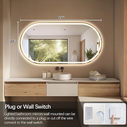 Niccy Oval LED Mirror for Bathroom, 55x28 Front Lit + Backlit Vanity Mirrors with Light Anti-Fog, Shatter-Proof, 3 Colors, Makeup Mirror with Old Gold Frame (Horizontal/Vertical)