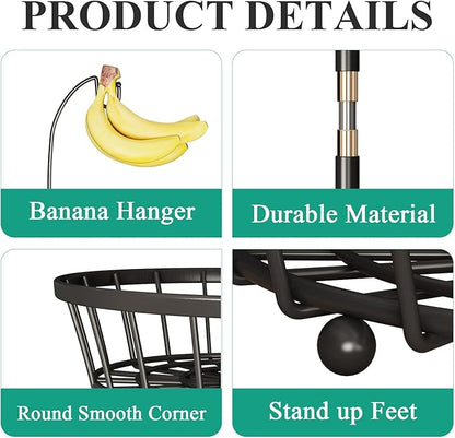 2-Tier Fruit Basket Bowl Stackable Vegetable Storage with Banana Tree Hanger Stand for Kitchen Countertop, Metal Wire Basket for Bread Onions Potatoes Black