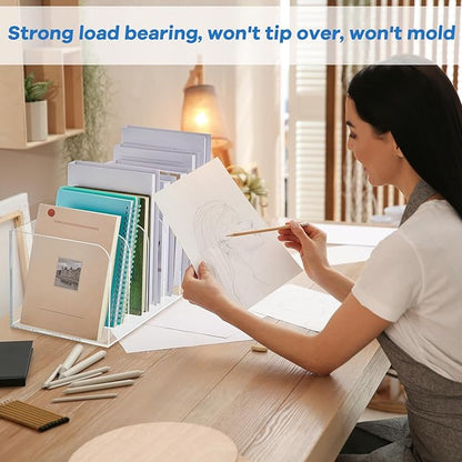 Suzile Clear Acrylic Magazine File Holder with Vertical Compartments Desk Organizer Book Rack for Desk Sorter Paper Folder Office Accessories(Clear,16.1 x 7.2 x 6.5 Inch)