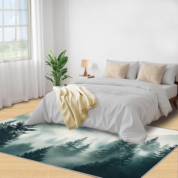 Misty Forest 3x5 Area Rug Natural Landscape Washable Rugs for Living Room Bedroom, Green Woods Soft Low Pile Non Slip Accent Floor Mat Print Throw Rug Indoor Carpet Dining Room Playroom