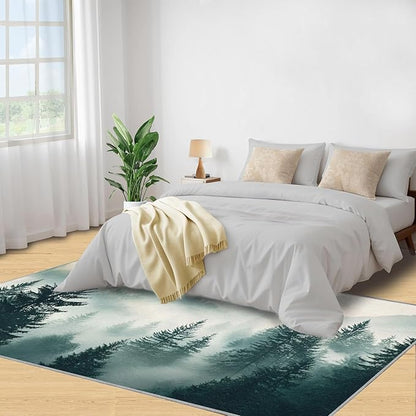 Misty Forest 5x6 Area Rug Natural Landscape Washable Rugs for Living Room Bedroom, Green Woods Soft Low Pile Non Slip Accent Floor Mat Print Throw Rug Indoor Carpet Dining Room Playroom