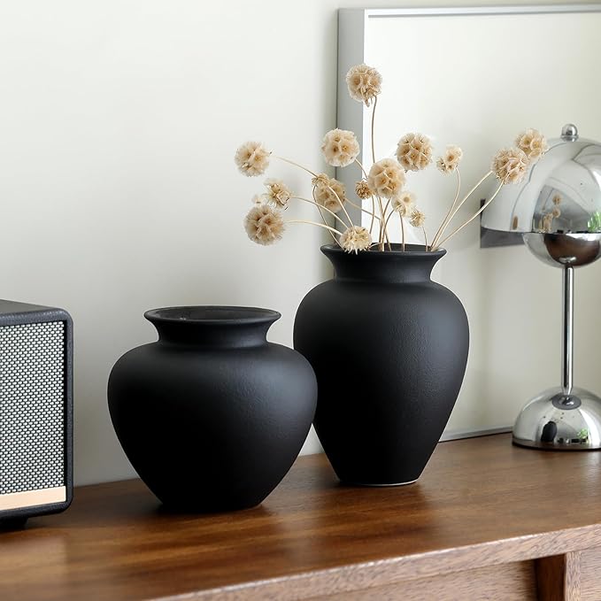 Black Ceramic Flower Vase, Decorative Jar Modern Centerpiece Table Decorations,Rustic Ceramic vases for Home Decor Dining Room,Wide Mouth Ceramic vase for Kitchen Utensils