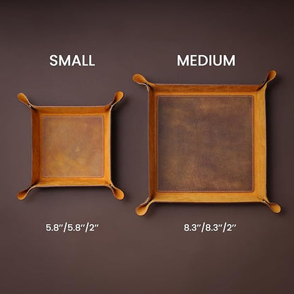 Handmade Leather Catch All Tray and Organizer for Keys, Phones, Jewels, Coins, Square - Medium, Deep Brown