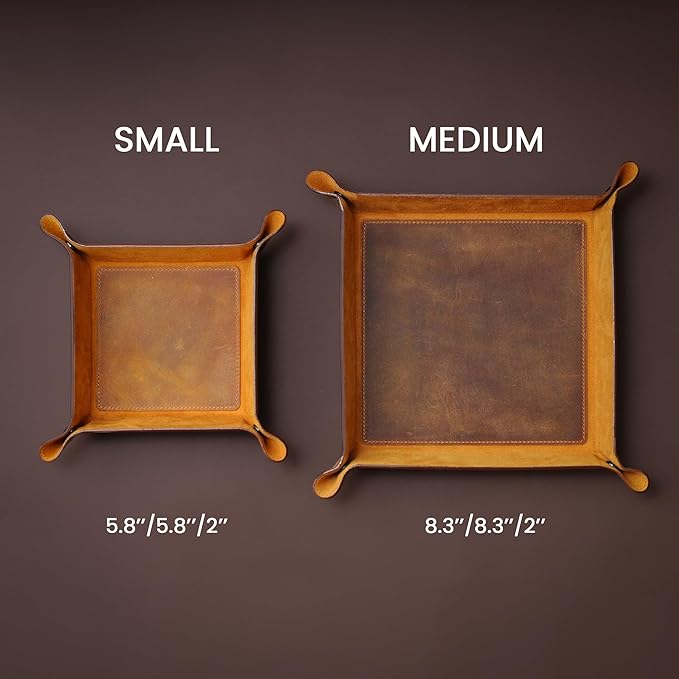 Handmade Leather Catch All Tray and Organizer for Keys, Phones, Jewels, Coins, Square - Small, Deep Brown
