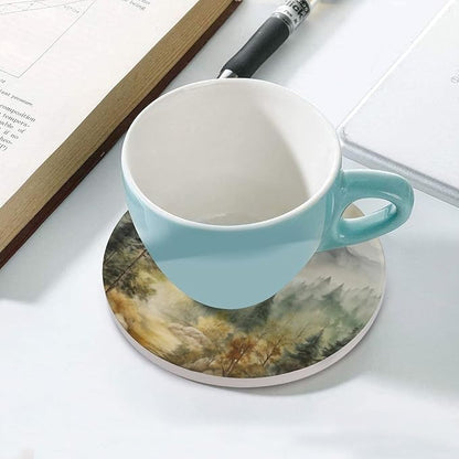 Forest Drink Coasters, Round Ceramic Drink Coaster Round-4PCS, Watercolor Mountain Forest Nature Tree Woodland Decor Absorbent Ceramic Coasters for Beverage Cup, Bar, Coffee Table