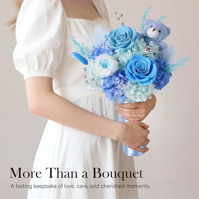Preserved Flowers Bouquet with Bear, Real Forever Flowers for Delivery, Long-Lasting Blue Eteranl Roses Bouquet, Anniversary Birthday Valentine Gifts for Women Men Mom Grandma Her Wife Girlfriend
