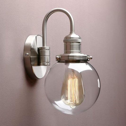 Yosoan 1-Light Vintage Industrial Fixture Light, 5.9'' Round Globe Clear Glass Shade with Elegant Curved Rod Hardwired Wall Sconce for Bathroom Porch Kitchen Living Room Hotel Foyer(Brushed)