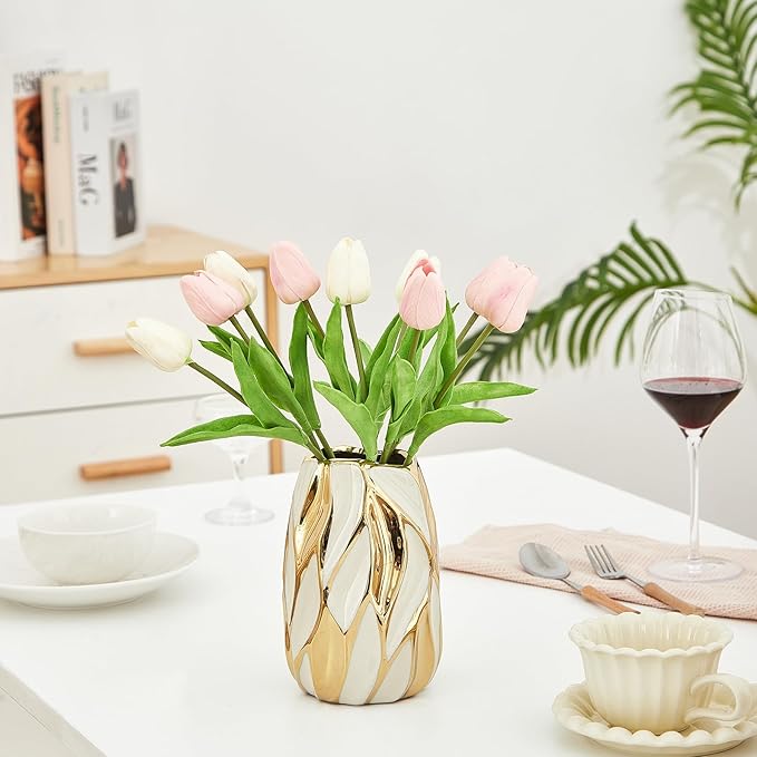 Cream White Ceramic Vase for Flowers, Gold Flower Vase Modern Home Decor, Small Ceramic Vase for Pampas Grass Decorative Vase, for Farmhouse Coffee Table Bookshelf (Small)