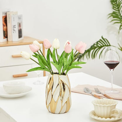 Cream White Ceramic Vase for Flowers, Gold Flower Vase Modern Home Decor, Small Ceramic Vase for Pampas Grass Decorative Vase, for Farmhouse Coffee Table Bookshelf (Small)