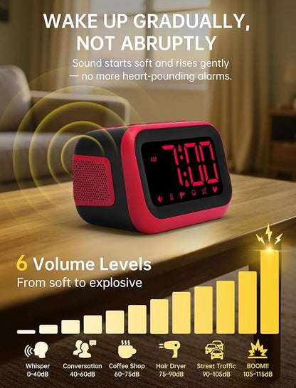 Loud Alarm Clock for Heavy Sleepers: 115dB Dual Alarms with 6 Unique Sounds for Bedroom Dorm Room Use - On-Time Wake Up for Teen College Students - Red