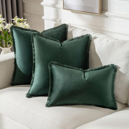 FUTEI Christmas Army Green Velvet Decorative Throw Pillow Covers 26x26 Set of 2,Soft Cozy Edge with Tassels Euro Pillow Shams,Boho Modern Home Decor for Couch Bed Living Room